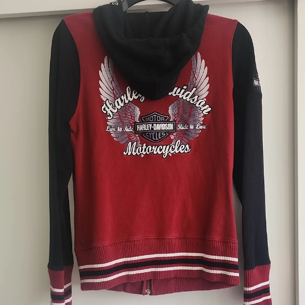 Harley-Davidson Women’s Small Red Black Zip Hoodie Jacket Vintage Biker Y2K - Picture 8 of 9